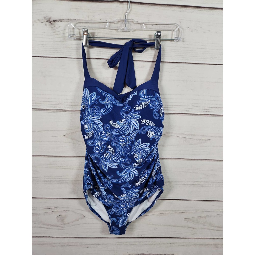 Basic Editions Women's Blue Paisley One Piece Sleeveless‎ Halter Swimsuit Size 6